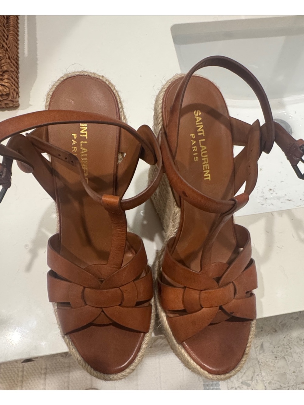 Saint Laurent Tan Leather Woven Espadrille Wedge Sandals